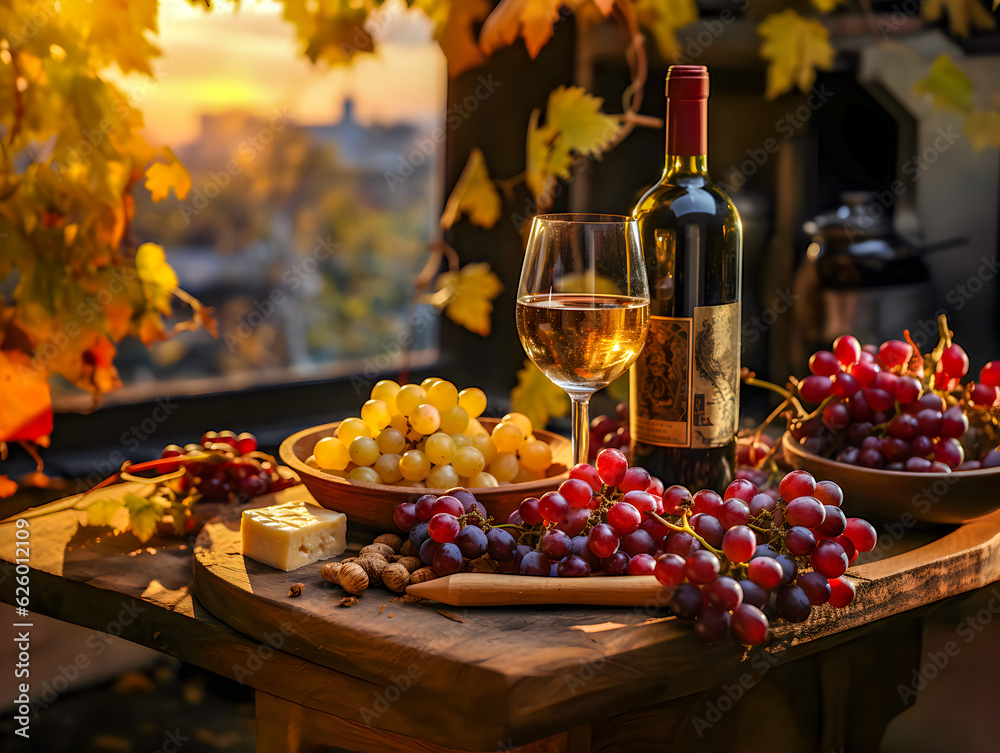 Autumn grapes plucked from a vine branch, next to it is a bottle and a glass with wine, a piece of cheese, Everything lies on an old wooden table, autumn vines at sunset in the background. Generative 