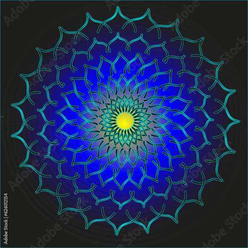 Abstract vector pattern arranged in a circle in the form of a golden monad on a black and blue background photo