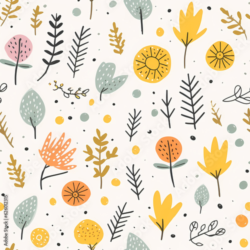seamless floral and polka dots pattern in doodle style
