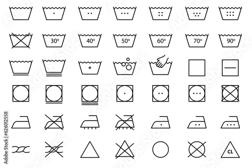 Laundry Vector Icons set. Washing symbols. Care clothes instructions on labels, machine or hand washing signs.