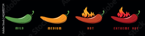 Chili Mild, Medium, Hot, Extreme Hot With Flame - Colorful Vector Illustration Isolated On Black Background