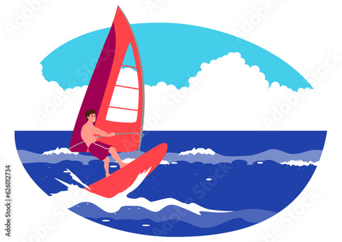 Clipart of a windsurfer, colourful cartoon, vector illustration