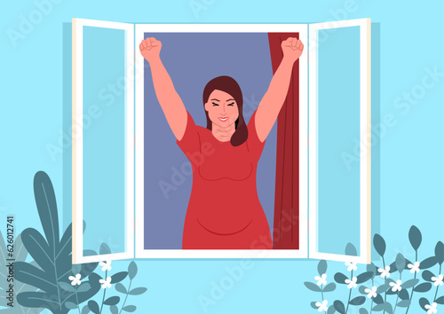 Beautiful plus size young woman doing morning stretch at the window, daily routine, breathe fresh air, vector illustration