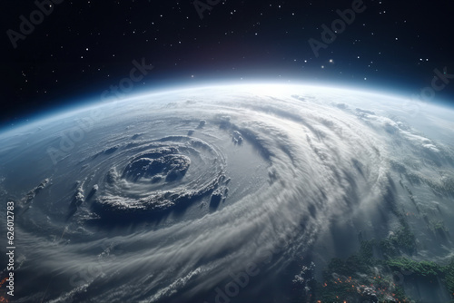 Space view of a gigantic hurricane, swirling above the Earth. Conceptual illustration of the effects of climate change - Generative AI