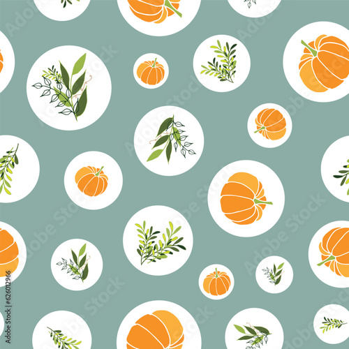 Fototapeta Naklejka Na Ścianę i Meble -  Seamless Pumpkin and Plant vector. Perfect for fabric, scrapbooking, wall paper projects, and paper products.
