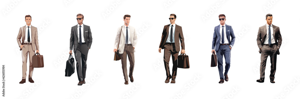Set of Businessman character in different poses. Handsome man with beard wearing formal suit standing and walking, using phone , front, back and side view. Vector realistic illustration isolated white Set of Businessman character in different poses. Handsome man with beard wearing formal suit standing and walking, using phone , front, back and side view. Vector realistic illustration isolated white