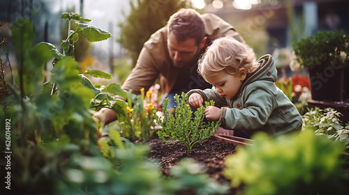 Fototapeta Naklejka Na Ścianę i Meble -  Father shows his son how to take care of the garden and plants.