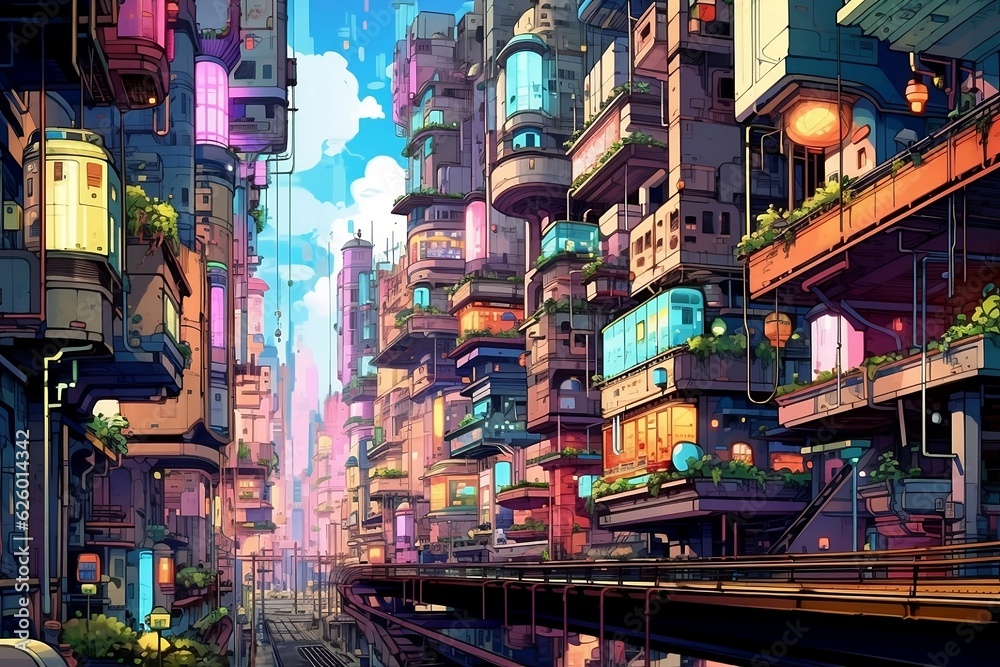 View of the futuristic city, colorful cityscape 