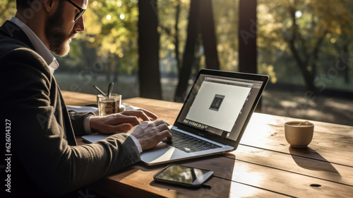Fototapeta Naklejka Na Ścianę i Meble -  Businessman working in the park on a laptop. Created with Generative AI technology.