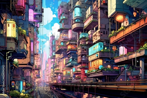 View of the futuristic city, colorful cityscape 
