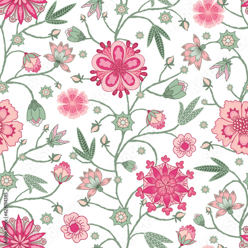 Fantasy flowers seamless pattern. Indian floral style. Chintz fabric, retro, vintage.