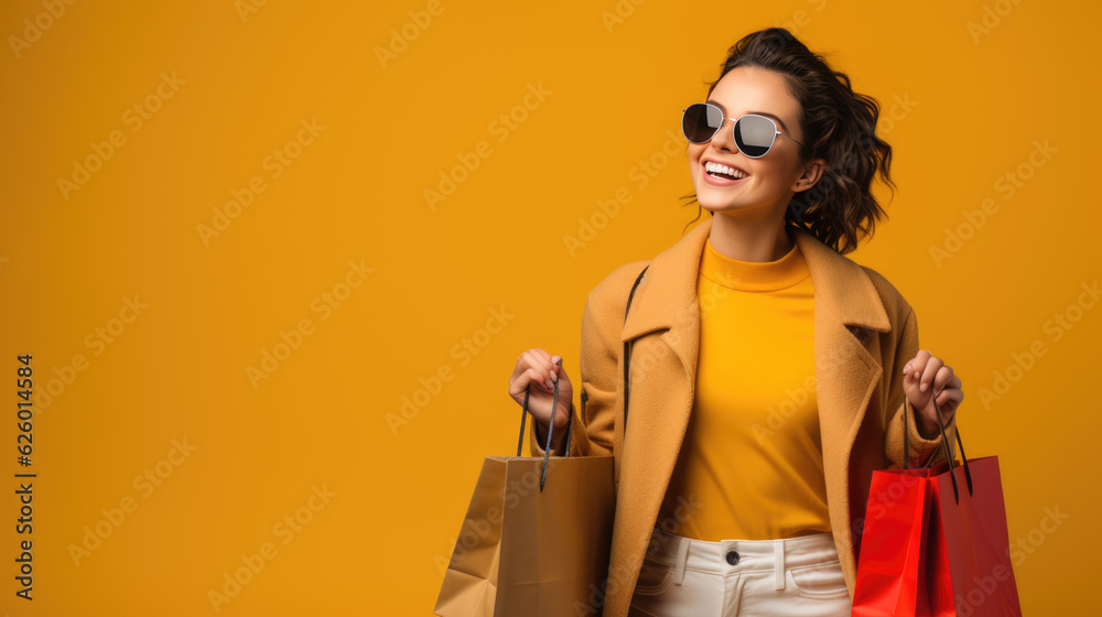 Beautiful attractive smiling woman in sunglasses holding shopping bags ...