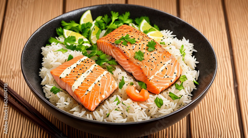 Tasty Salmon fish barbeque with rice and vegetables.
