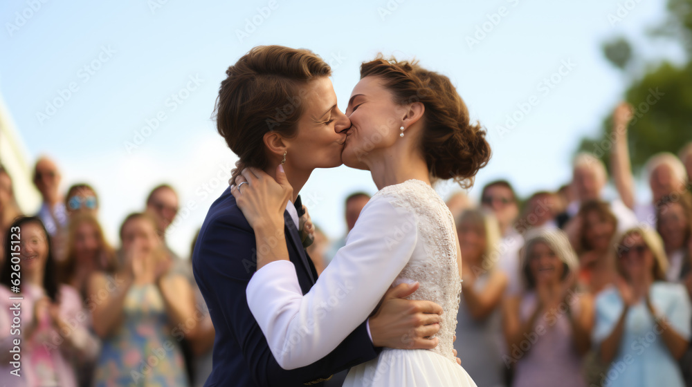 Portrait of a happy same-sex lgbt couple kissing during their wedding. Created with Generative AI technology. Portrait of a happy same-sex lgbt couple kissing during their wedding. Created with Generative AI technology.