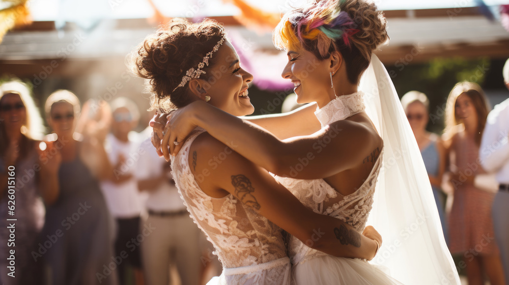 Portrait of a happy same-sex lgbt couple during their wedding. Created with Generative AI technology.