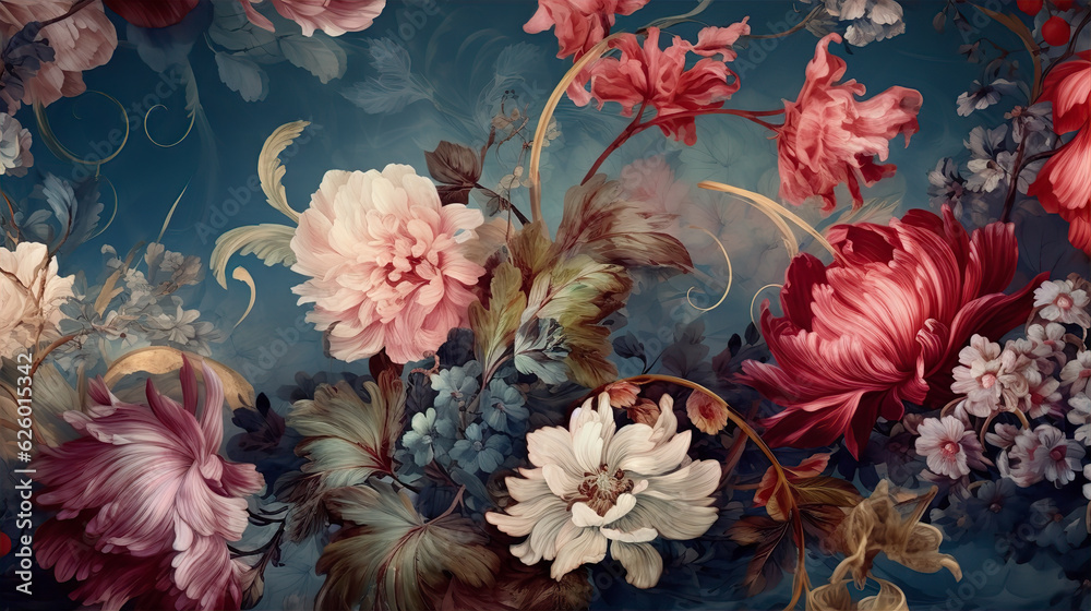 Fototapeta Beautiful vintage background with flowers, exotic plants, butterflies. Floral print
