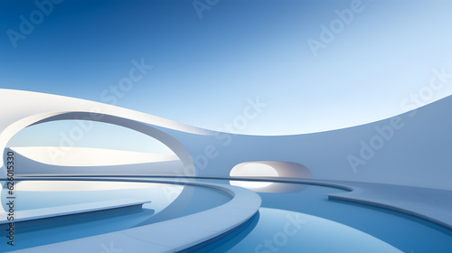 3d rendering and illustration and curved wall, architecture, white, pink, blue sky, modern, trendy, new