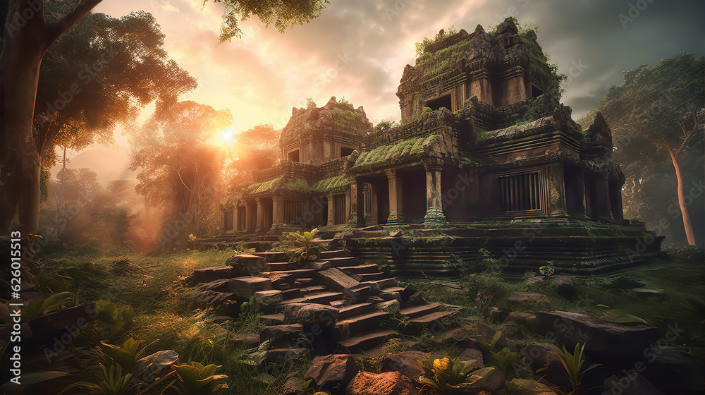 Ruins of old Hindu temple in jungle at sunset.  - obrazy, fototapety, plakaty 