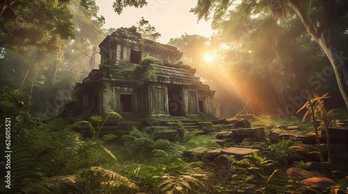 Fototapeta Naklejka Na Ścianę i Meble -  Ruins of old Hindu temple in jungle at sunset. 