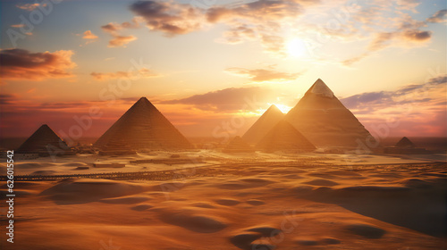 Egyptian pyramids at sunset and dramatic sky 