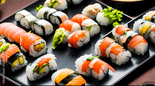 Assorted Colorful Sushi foods are ready to eat. 