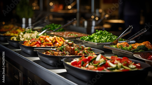 Catering-Buffet-Essen drinnen im Restaurant mit Fleisch, buntem Obst und Gemüse Generative Ai © Daniel