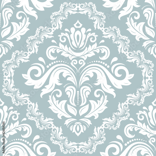 Orient classic pattern. Seamless abstract background with white vintage elements. Orient light blue and white background. Ornament for wallpapers and packaging