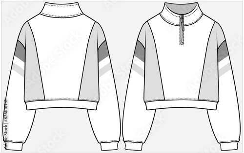 HOODED SPORTY CROP SWEAT TOP WITH CUT AND SEW LONG SLEEVES DETAIL AND TEXT GRAPHIC DESIGNED FOR WOMEN AND TEEN GIRLS IN VECTOR FILE