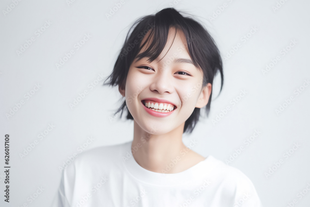 a lively Asian teen with short hair, donning a white T-shirt, standing against a clean white studio backdrop, beautifully lit. Perfect for a wide range of projects. generative AI. a lively Asian teen with short hair, donning a white T-shirt, standing against a clean white studio backdrop, beautifully lit. Perfect for a wide range of projects. generative AI.