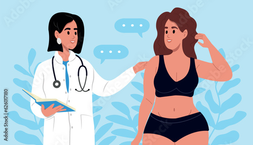 World Day of Healthy Eating. A nutritionist is talking to an overweight woman. A dietitian doctor monitors the diet of patients, caloric content.