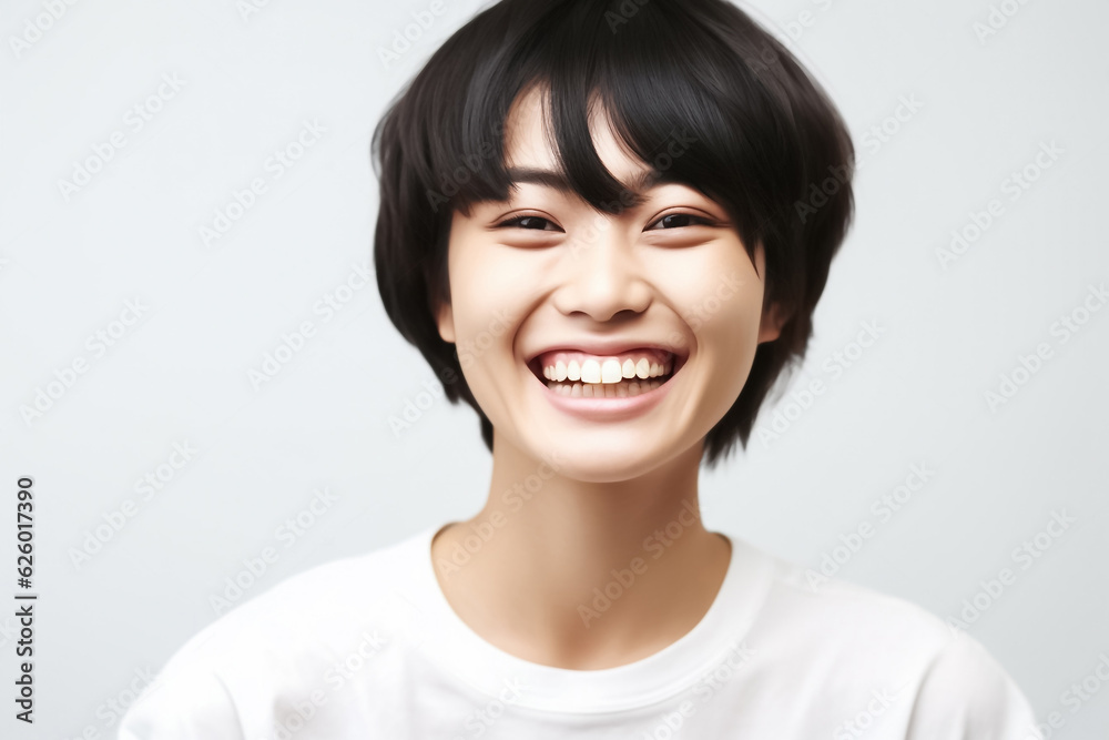 a lively Asian teen with short hair, donning a white T-shirt, standing against a clean white studio backdrop, beautifully lit. Perfect for a wide range of projects. generative AI. a lively Asian teen with short hair, donning a white T-shirt, standing against a clean white studio backdrop, beautifully lit. Perfect for a wide range of projects. generative AI.