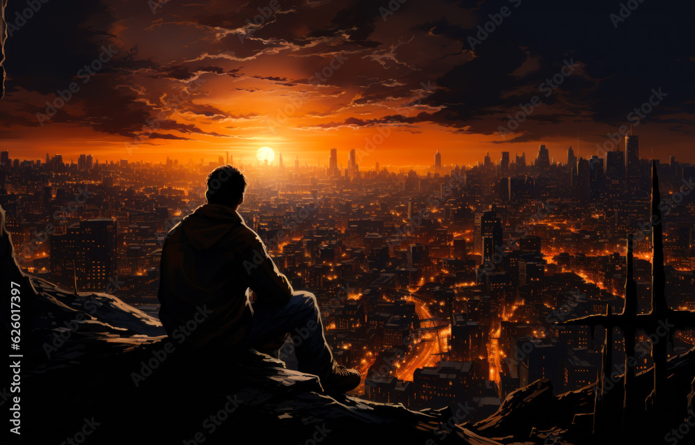 Fototapeta premium Beautiful sunset with loneliness. Silhouette of person sitting on sunset. Generative AI.