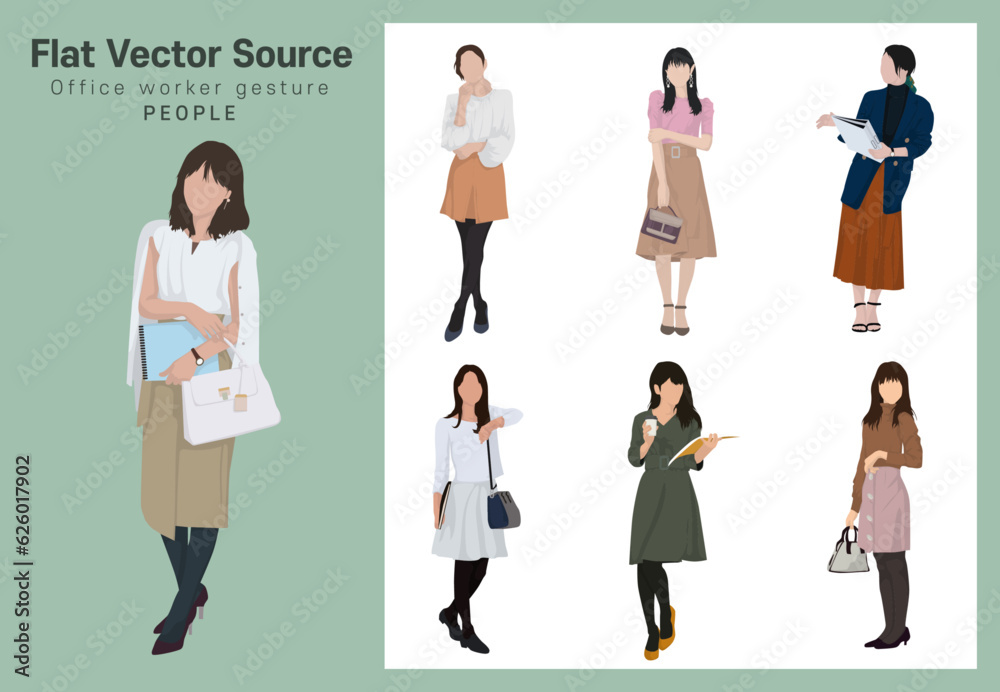 Female office worker Commercial work meeting gesture pose collection of human silhouettes
