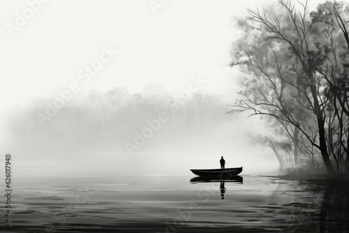 On a foggy day, a person swims in a misty lake with a boat and distant trees. (Generative AI)