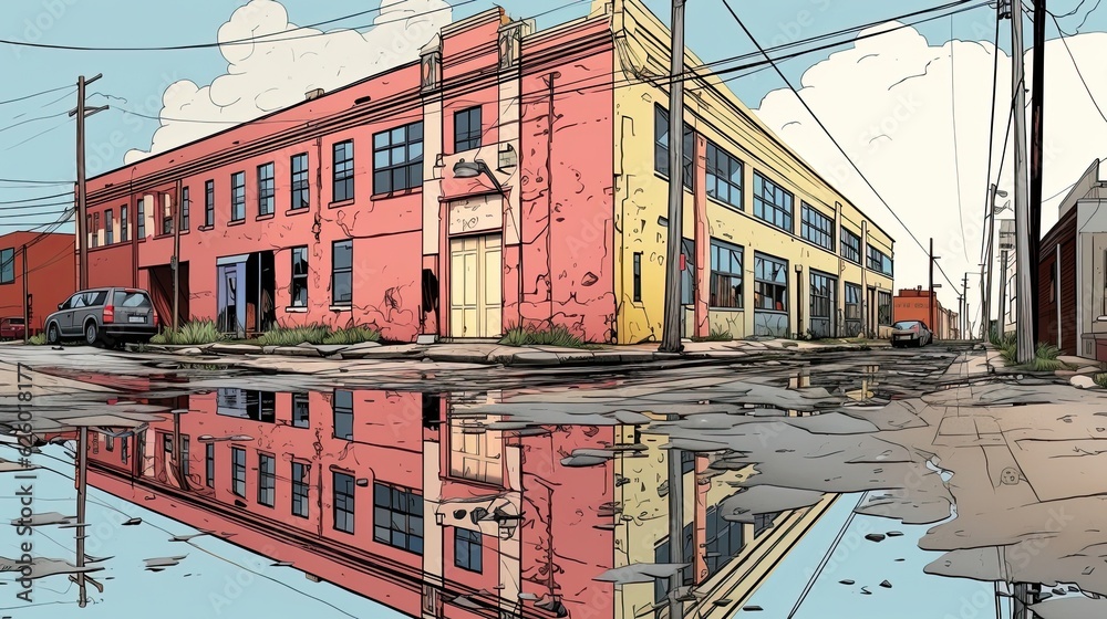 A dilapidated building reflects in a water puddle's windows. (Illustration, Generative AI)