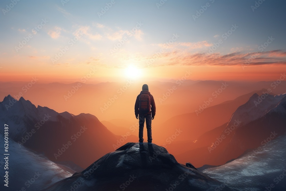 Abstract Male Hiker stands at the summit of a difficult mountain climb to be greeted with a beautiful view of the sunrise. Generative ai.