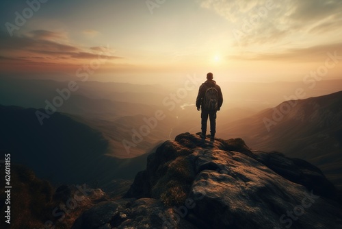 Abstract Male Hiker stands at the summit of a difficult mountain climb to be greeted with a beautiful view of the sunrise. Generative ai.