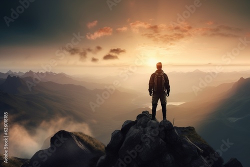 Abstract Male Hiker stands at the summit of a difficult mountain climb to be greeted with a beautiful view of the sunrise. Generative ai. © LaxmiOwl