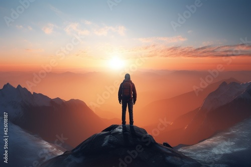 Abstract Male Hiker stands at the summit of a difficult mountain climb to be greeted with a beautiful view of the sunrise. Generative ai. © LaxmiOwl