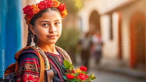 Mexican pretty smiling schoolgirl in national clothes with wreath of flowers on her head and flowers bouquet in her hands on blurred background of the school yard. Back to school concept. Copy space
