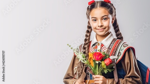 Mexican smiling schoolgirl in national clothes with a bouquet of flowers in her hands on neutral light grey background. Back to school concept. Copy space photo