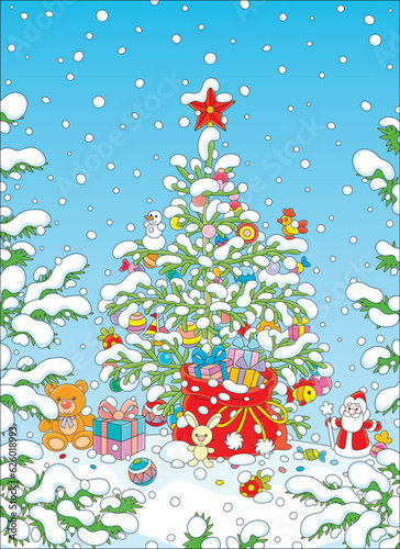 Merry Christmas and happy New Year card with a decorated fir tree and a magic bag of winter holiday gifts surrounded by snowy prickly branches, vector cartoon illustration