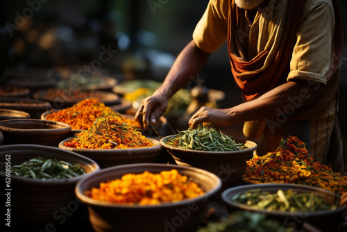 Bowls with colourful spice in market in India. Asian or mexican food banners, advertisement. Copy space