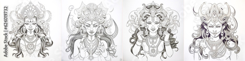 Coloring for adults with the Hindu goddess Kali MAA. With pure details. Black -white pattern on a white background. photo