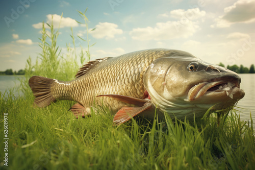 Freshly caught big fish on green grass © Veniamin Kraskov