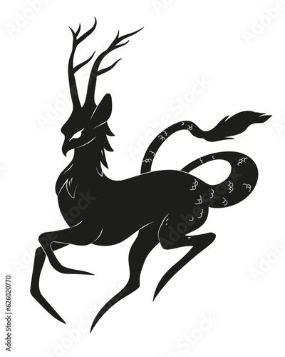 silhouette of a chimera, magical creature, monster with deer horns, stylish logo for a coffee shop