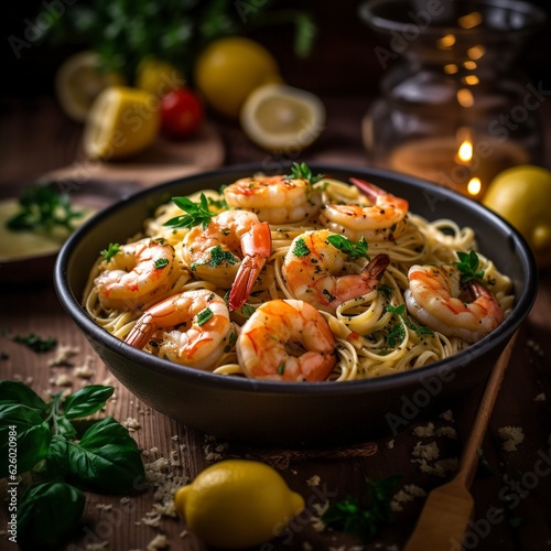 A photo with presentation of delicious Shrimp Scampi, food photography, gourmet created with Generative AI technology