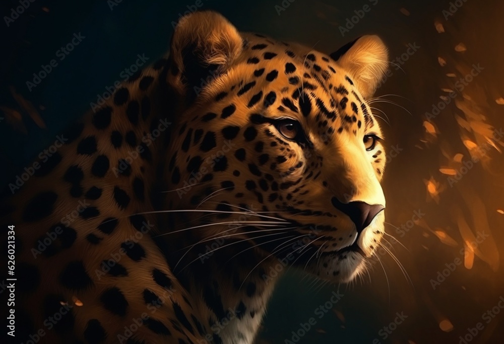 Obraz premium a leopard on the wilderness, in the style of realistic depiction of light, light gold and orange
