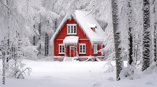 Red house in snowy winter landscape. © IB Photography