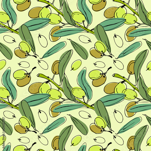 Pattern with olive branches. Hand drawn line art. Illustration. Green, olive colors. Leaves. Vector elements for packaging design, patterns, banners, food menu.